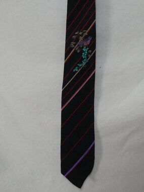 Vintage LEONARD PARIS Made In Italy Pure Silk Tie Striped Bird and Floral Print